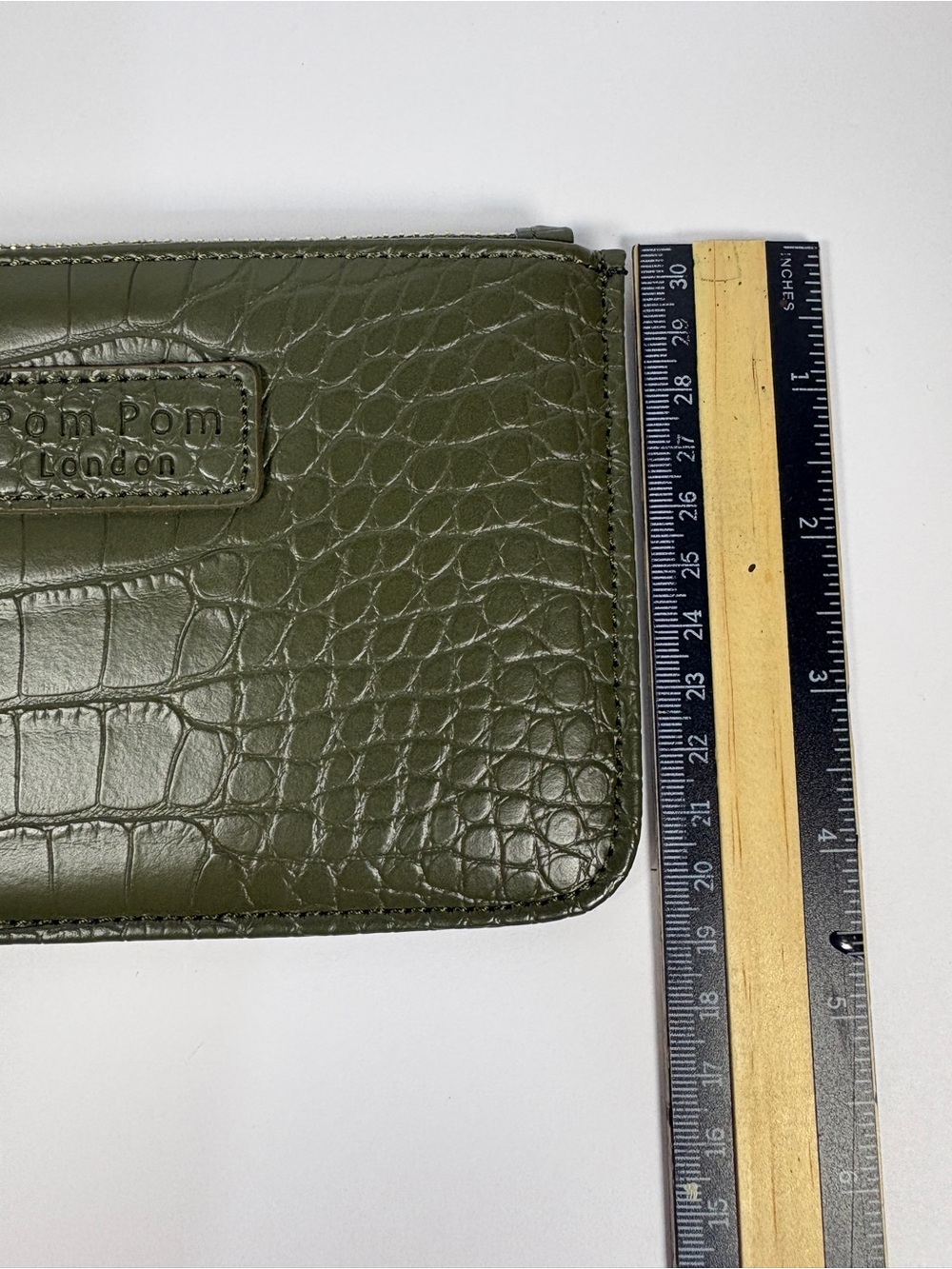 Pom Pom London Chelsea Coin Purse Olive Green Croc Leather NWT Minimalist Travel - Picture 11 of 12